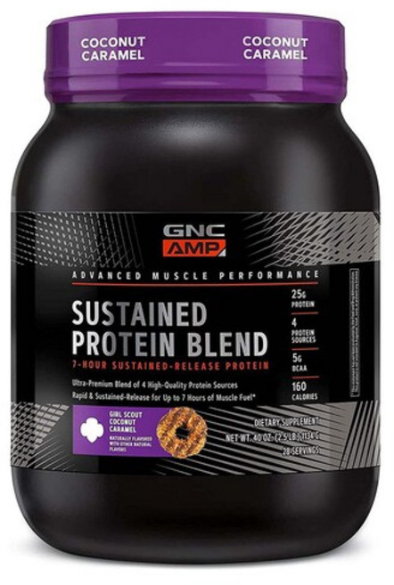 GNC AMP 서스테인 프로틴 블렌드 걸 스카우트 코코넛 카라멜 1134g 유청 단백질, 1개, 1.134kg