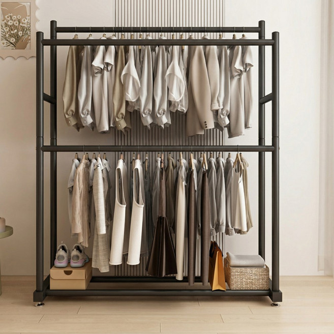 튼튼한 철제 2봉 2단 행거 대용량 스탠드 옷걸이 행거, 블랙