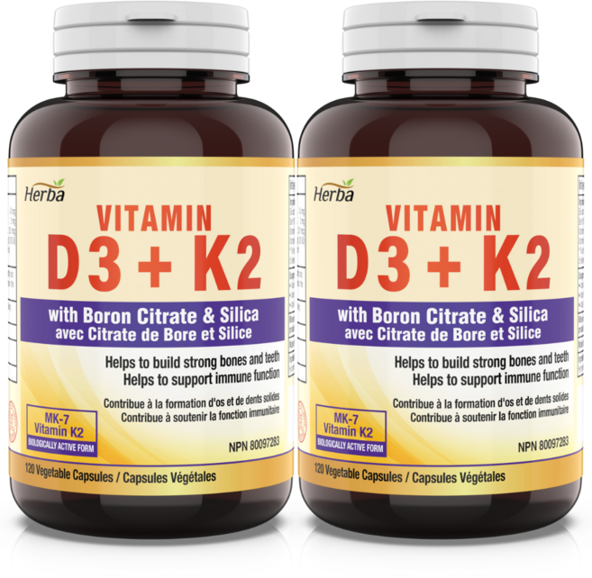 비타민K2 D3 MK-7 120식물성캡슐 1000IU 120mcg 메나퀴논-7 보론 실리카 포함 허바 캐나다, 120정, 2개