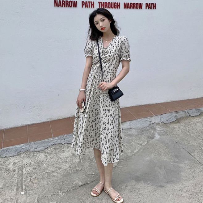 COSYEVNO 여자 여름 잔꽃 쉬폰 원피스 패션 슬림핏 A라인 미디 스커트