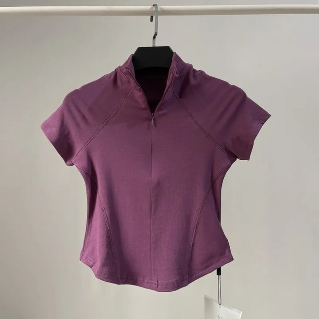 해피유통 여성 타이트 반팔 크롭티 반집업 하이넥 트레이닝 상의 jhljq