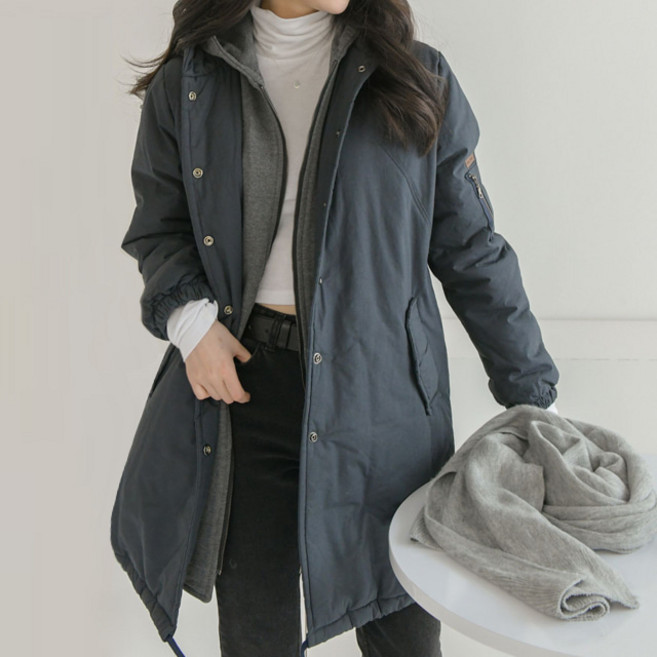 클라인 5온스 누빔 이중 레이어드 후드 야상 롱 점퍼 여성 겨울 아우터