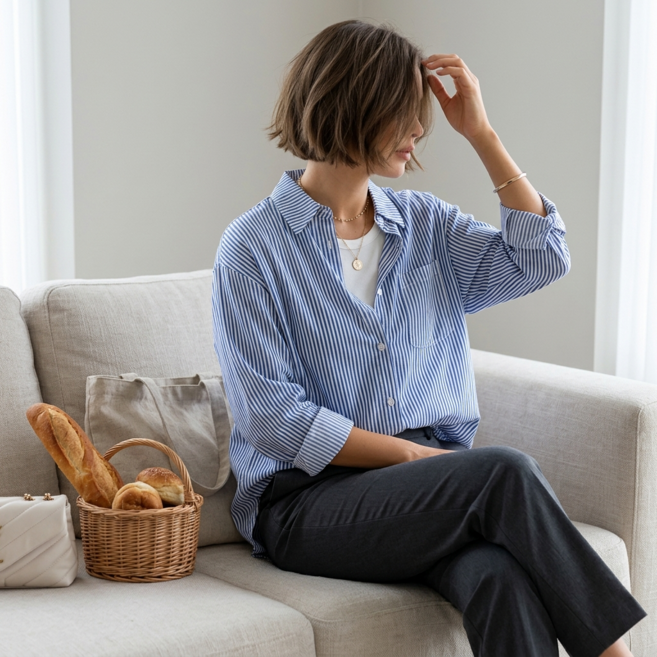 닉스나인 여성용 오버핏 구김 방지 링클프리 스프라이프 셔츠 남방