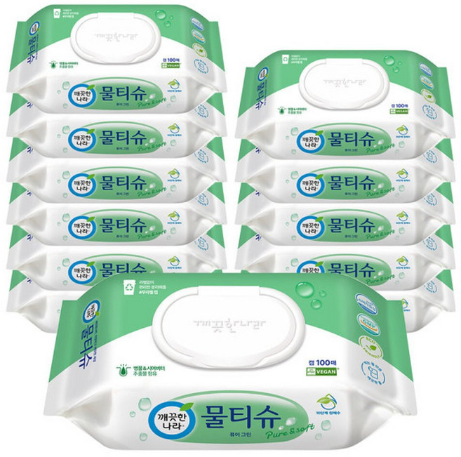 깨끗한나라 물티슈 퓨어 그린 캡형 100매 12팩, 12박스