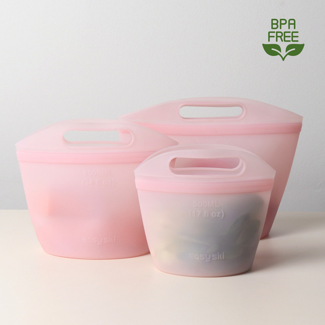 실리담 핸들 스탠딩 실리콘 지퍼백 3종 세트 500ml+1000ml+1500ml, 1세트, 핑크