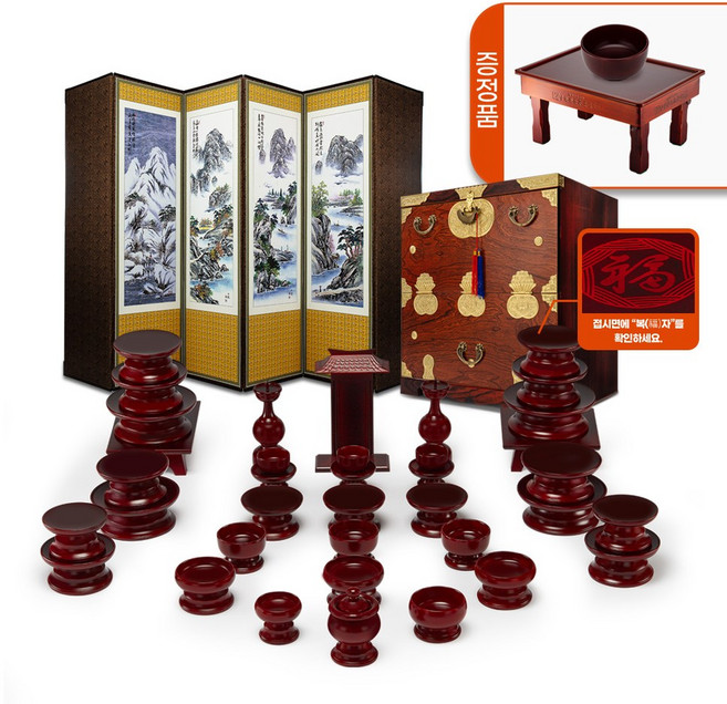 남원 춘향골 남영공예 오리목 복제기+제기함(증정-퇴주그릇)+추사산수화6폭병풍, 3박스, 남원 춘향골 남영공예 오리목 복제기 37+제기함(증정-향로상+퇴주그릇)+추사산수화6폭병풍
