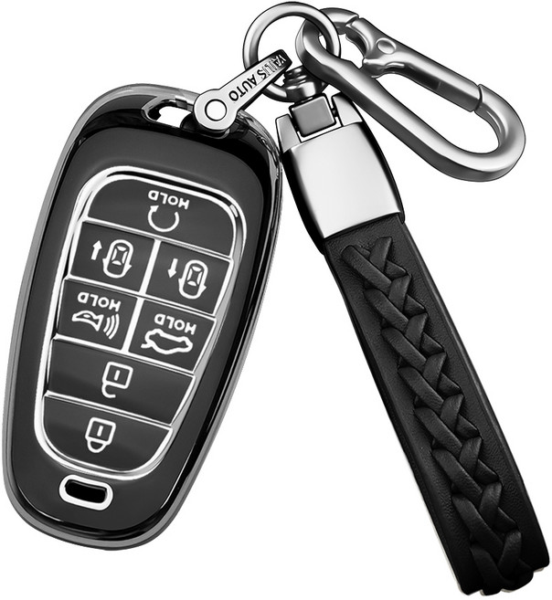 MODACE 현대 차키케이스+가죽 메탈 키링 열쇠고리(5버튼/7버튼)TPU 소프트젤 보호 케이스, 7버튼-실버 블랙