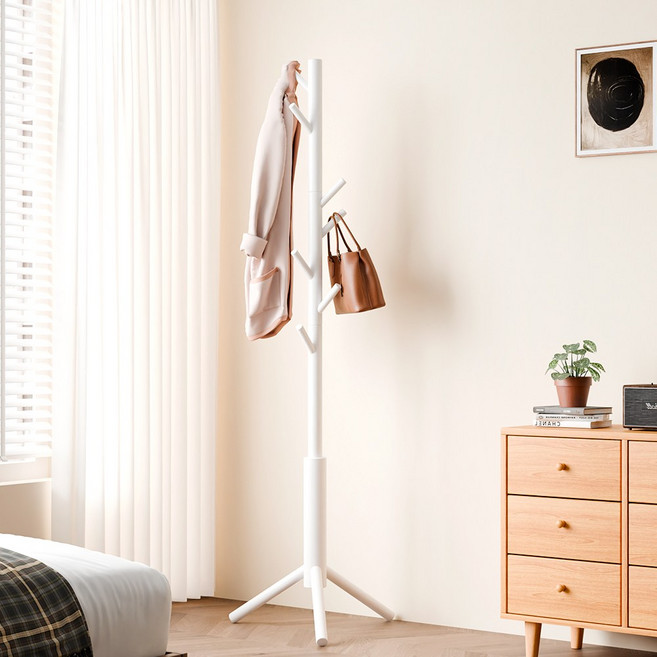 하이주 튼튼한 원목 스탠드 옷걸이 삼각형 8구 나무형 행거 트리, 화이트