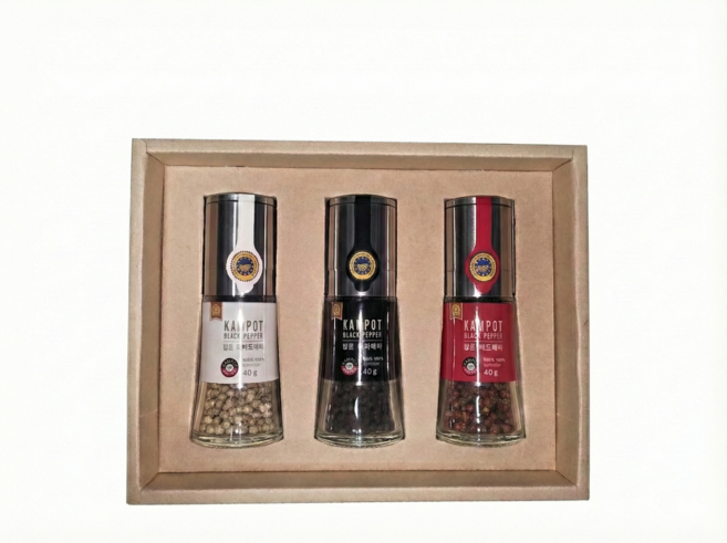 캄폿 명품 라플랜테이션 블랙 레드 화이트 통후추 그라인더3종 선물세트 흑후추 백후추 적후추, 1세트, 120g