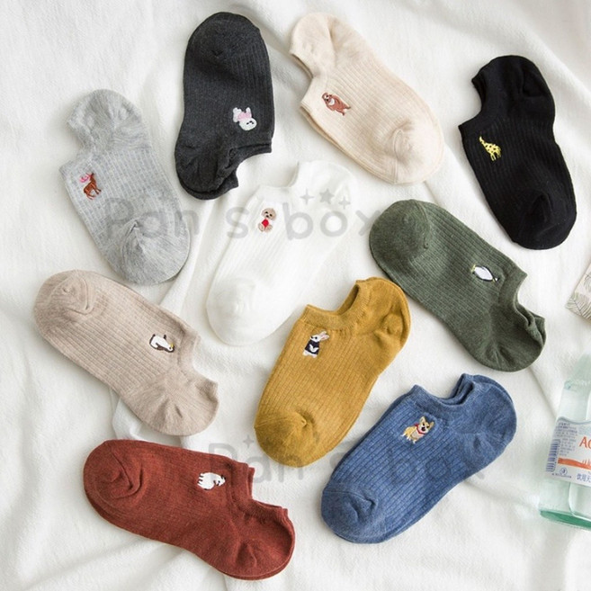 純色動物刺繡船襪 隱形襪 防滑淺口 純棉襪 女襪