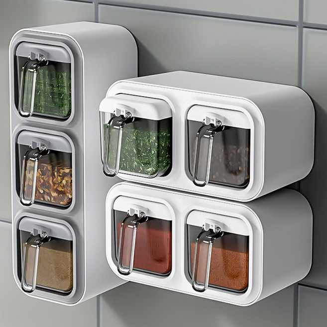 벽걸이 무타공 부착 스푼 양념통 세트 조미료 소스 밀폐 양념통, 3구, 1개