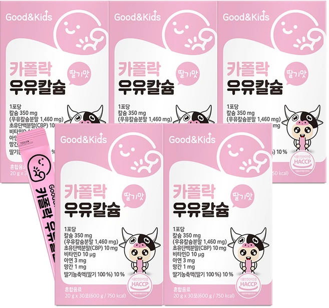 굿앤키즈 어린이 짜먹는 액상 카폴락 성장기 우유칼슘 / 딸기맛 CBP 초유단백 비타민D 아연 망간, 600g, 5박스 - 쿠팡