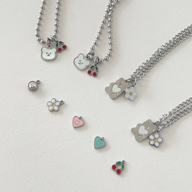 오늘출발 [KC인증/각인무료] 써지컬스틸 자개곰 미아방지 목걸이 팔찌, 자개하트곰, 참추가X, 면체인 팔찌 (13+3cm), 1개