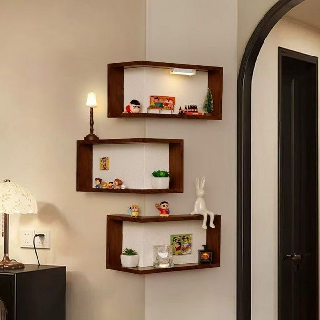 YAPOGI 원목 코너 무지주 다용도 벽선반, 1단, 브라운