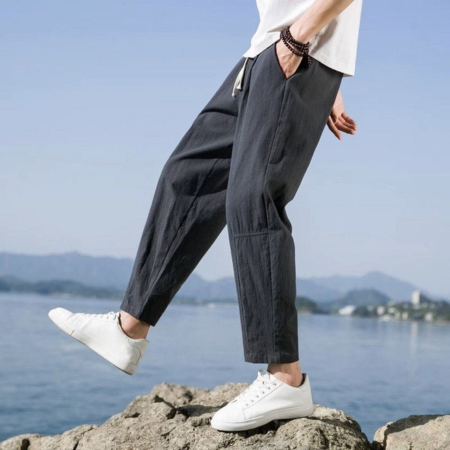 夏季棉麻運動九分褲男亞麻透氣休閒褲寬鬆闊腿純色直筒中國風褲子