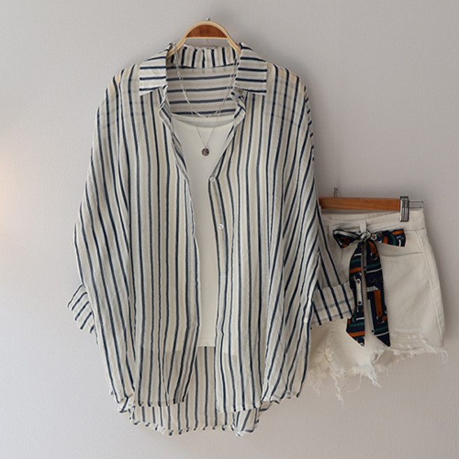 스카이코코 여성 긴팔 여름 셔츠 비비 스트라이프 남방