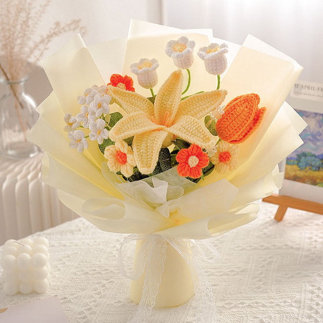 手工毛線花束, 百合混搭款 - 黃色 盒子包裝, 1個