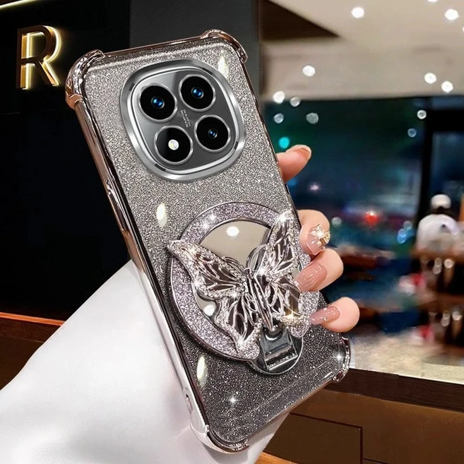 샤오미 레드미 14C 노트 15 프로 플러스 4G 5G용 반짝이 나비 거울 브래킷 케이스 충격 방지 소프트 케이스, 01 Note 14 Pro Plus 5G, 03 Silvery