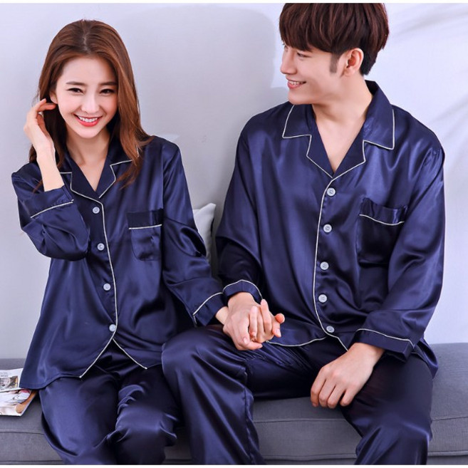 심플 봄 가을 겨울 사계절 긴팔 긴바지 부드러운 실크 커플 파자마 잠옷 세트