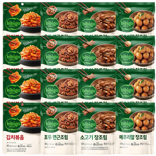 비비고 반찬(김치볶음4+호두연근조림4+소고기장조림4+메추리알장조림4), 1세트, 1.86kg