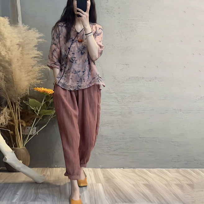 지고다그 여성 여름 꽃무늬 상의와 바지 세트 시원한 여름 착용 WY73398