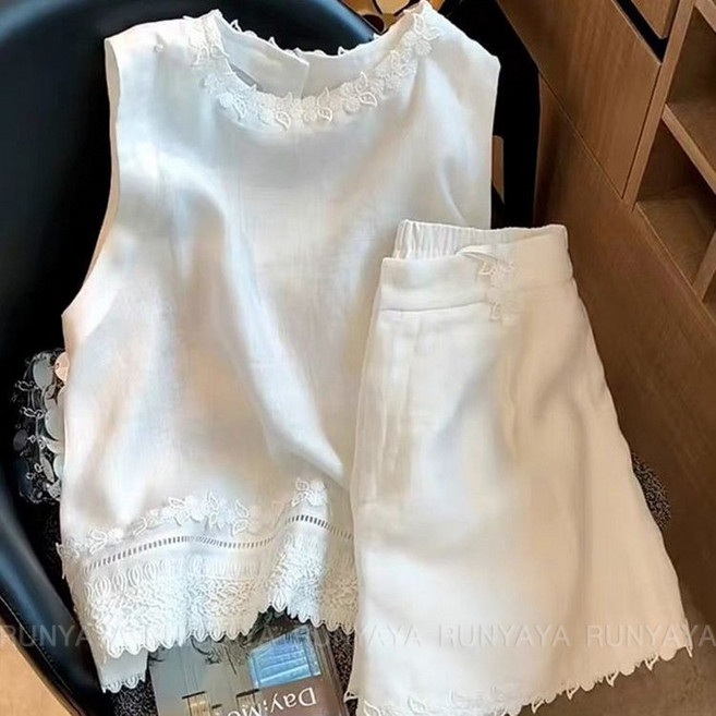 레이스 자수 린넨 나시 세트 여성 여름 민소매 면 마 티셔츠 블라우스 캐주얼 반바지 상하의 D88U