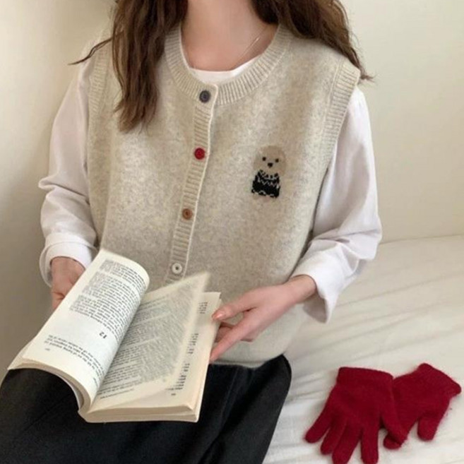 마이쏭 여성 니트베스트 봄 가을 쪼꼬강아지라운드니트조끼