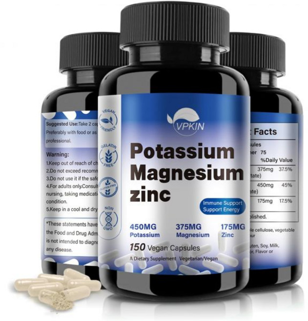Potassium Magnesium Supplement 1000mg Magnesium Potassium Zinc Aspartate Non-GMO Vegan (150 Cap, 150 Count (Pack of 1), 150