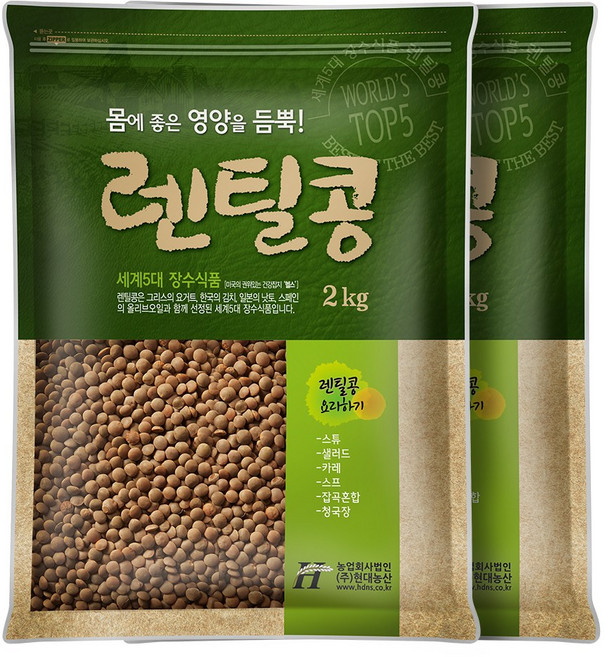 현대농산 갈색 렌틸콩 렌즈콩, 2개, 2kg