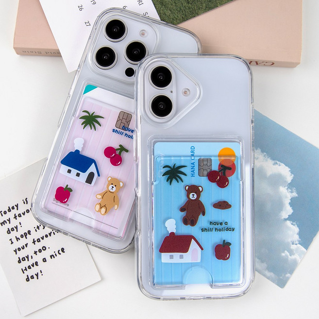 빈티지 홀리데이 카드2장수납 클리어 포켓 핸드폰 케이스