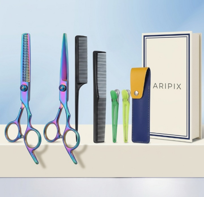 아리픽스 프리미엄 미용가위세트 셀프커트 숱가위 가정용 가죽케이스 빗 헤어집게, 1개, 혼합 2종 플러스세트