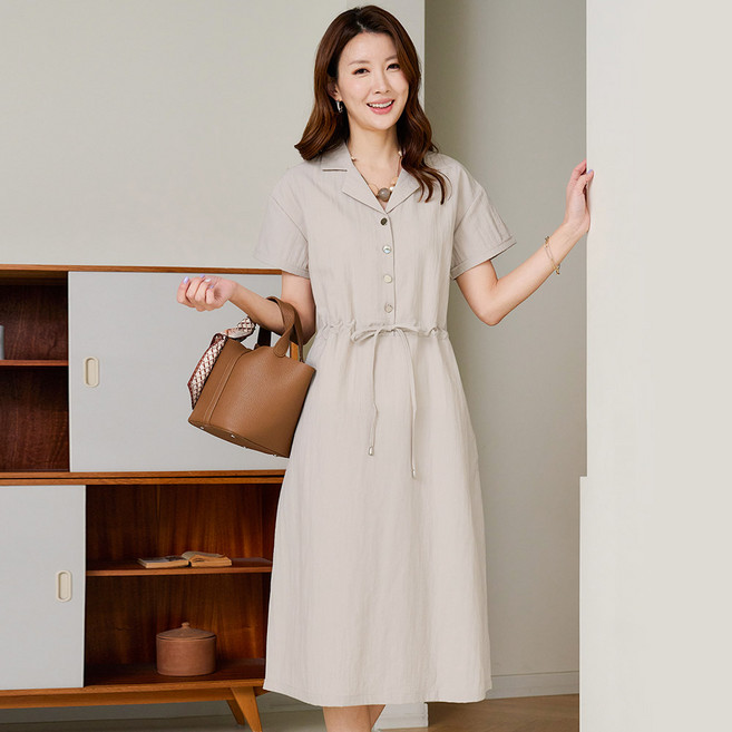 우일 여성 쿨링 인견혼방 바스락 반팔 카라 롱 원피스