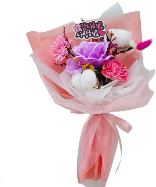 란플라워 카네이션 목화 조화 비누 꽃다발, 1개, 감사 사랑토퍼 쁘띠꽃다발 핑크
