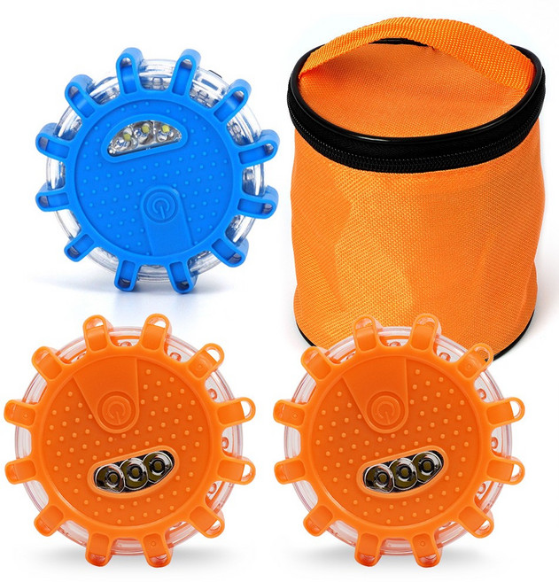 자동차 LED 비상신호기 불꽃신호기 (주황2개+파랑1개+파우치) 2차사고예방 안전삼각대, 1세트