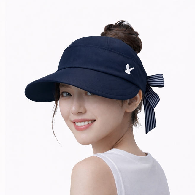 지아이골프 UV 차단 가벼운 나일론 리본 패션 2WAY 탈부착 여름 골프 모자 여성, 네이비, 1개