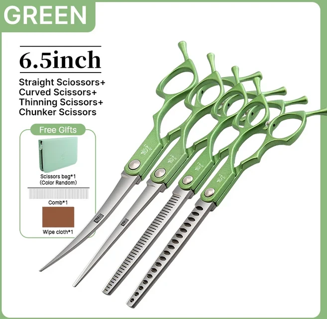 Fenice 6.5 인치 전문 애완 동물 미용 절단 곡선 얇은 Chunker 가위 세트 Groomer 가정용, 13 4pcs green set