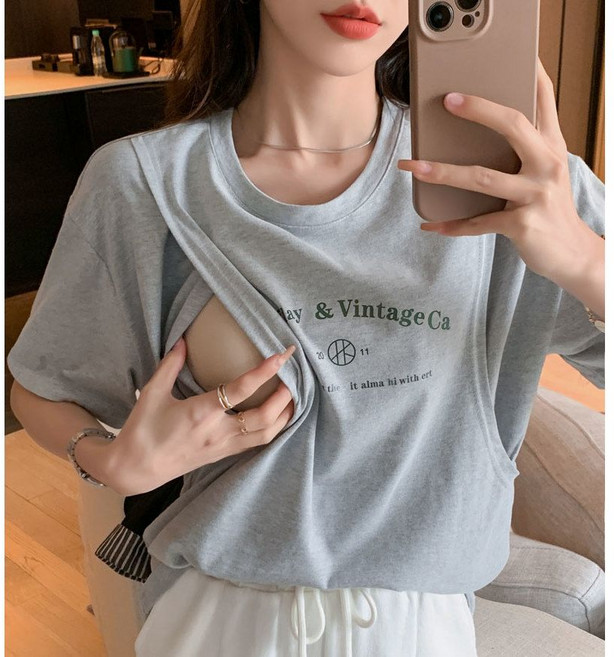 임산부 여름 수유 반팔티 캐주얼 티셔츠 넉넉한 핏 편안한 실내 및 야외용 반팔 상의 JS
