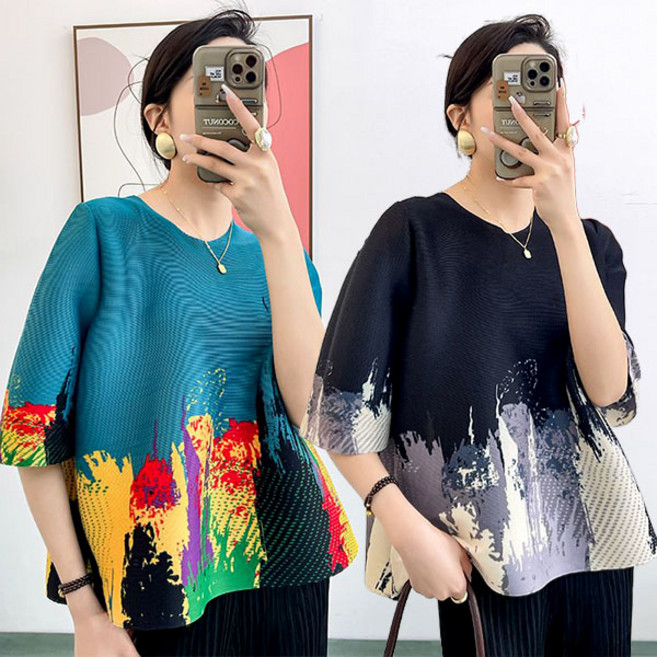 FINE ART 여자 프린팅 주름옷 플리츠 블라우스 프릴 반팔 티셔츠 오버핏 5부 티셔츠 쿨링 라운드티 데일리