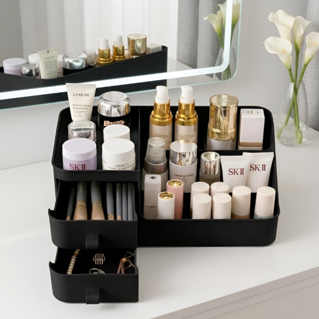 살림하루 대용량 완벽정리 서랍형 화장품 정리함, 블랙, 1개