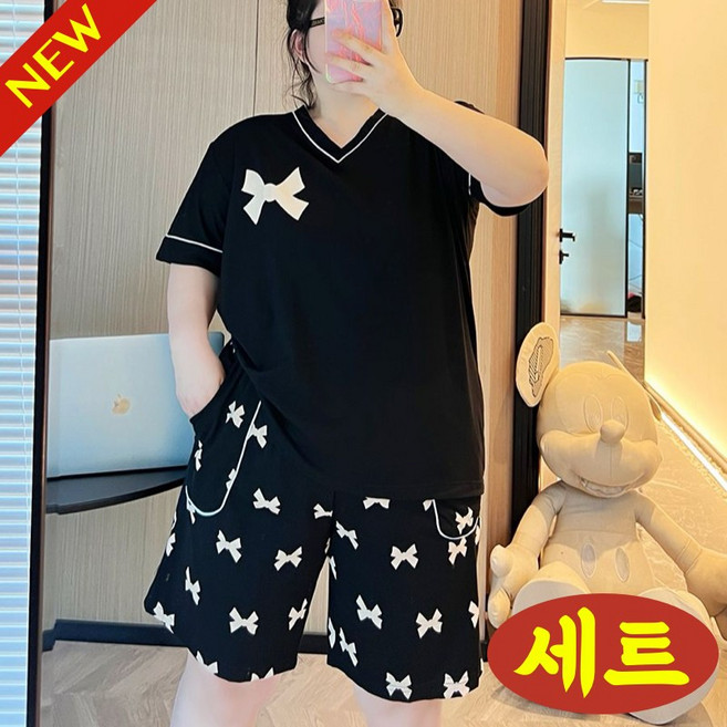 (대박난) 150kg까지 빅사이즈 여성 브이넥 프린트 반팔티 반바지 잠옷 상하의 세트 여름 편한 귀여운 오버핏 얇은 심플 외출용 베이직 캐주얼 티셔츠 숏팬츠 홈웨어 수면옷 투피스