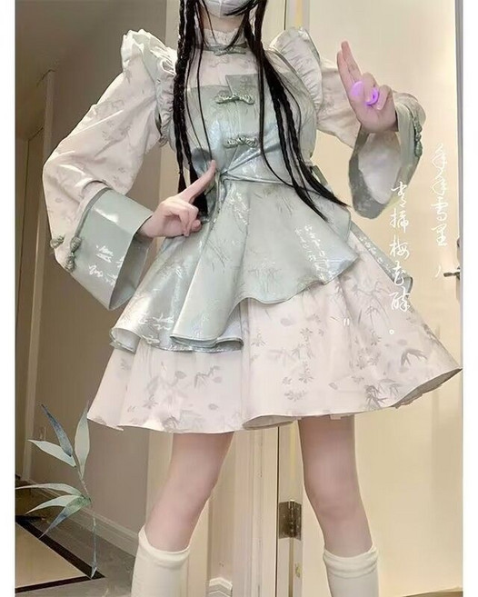 新中式 洛麗塔 洋裝 改良旗袍 Lolita 少女 漢服 OP 連身裙 夏款, L【110-120斤】送吊墜加長袖