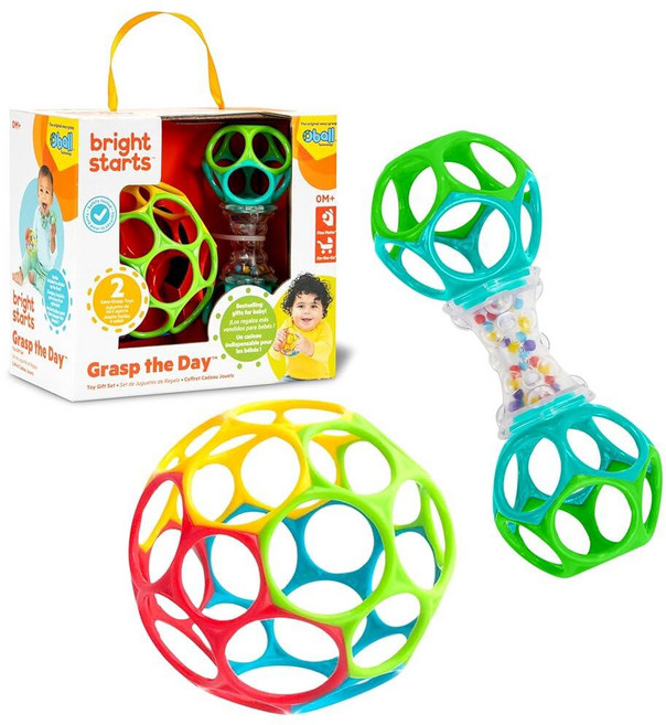 Bright Starts Easy-Grasp Oball 번들 선물 세트 - Grasp The Day 공 및 딸랑이 장난감 2팩 BPA 프리 남녀공용 신생아 이상, 잡기 쉬운 오볼 번들 선물 세트