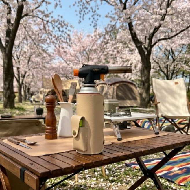 캠핑 부탄가스 가죽커버 인조가죽 가스통케이스 카라비너 거치, 베이지, 1개