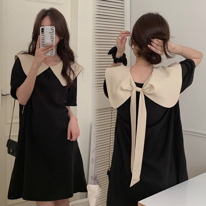 스타일닥터 여성 패션 리본 포인트 루즈핏 원피스 통기성 좋은 여름 휴양지 빅사이즈 앞뒷면 착용 학원풍 바캉스룩 하객룩 반팔 데일리룩