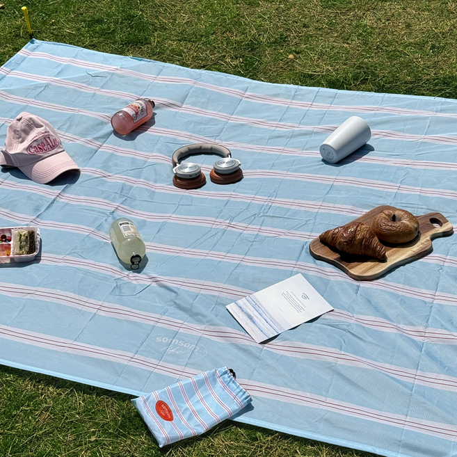 솜솜라이크 여행용 경량 피크닉매트 미니 방수 돗자리, 스트라이프 에메랄드블루
