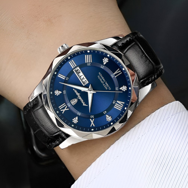 포스워백 남자 가죽 손목 시계 야광 방수 오토 캘린더 패션 시계