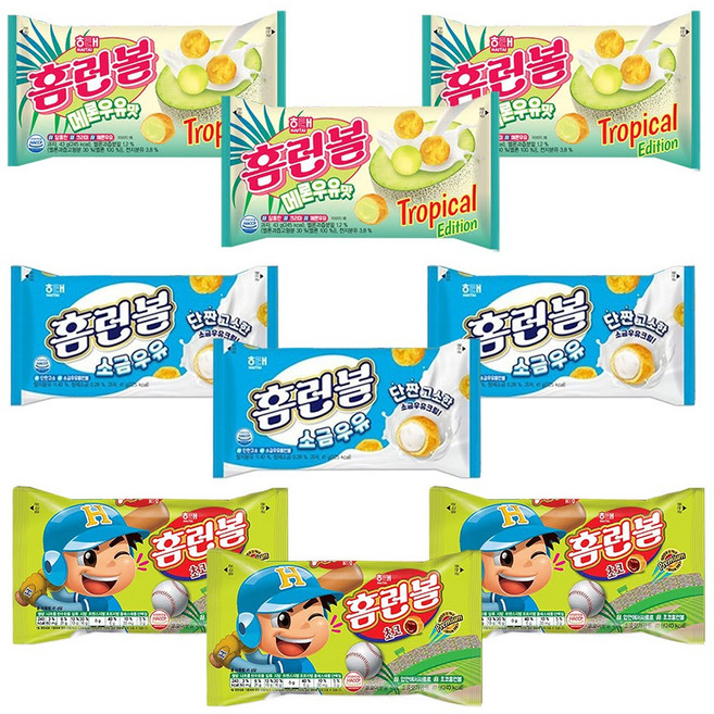 홈런볼 멜론우유 43g 3p +홈런볼 소금우유 41g 3p+ 홈런볼 초코 41g 3p, 125g, 3세트