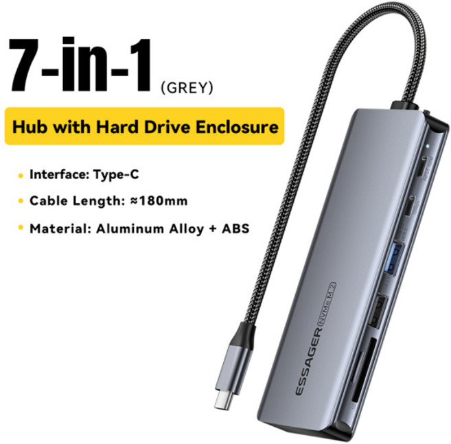 호환 Essager USB C 허브M.2 SSD 하드 디스크 인클로저 포함 67 in 1 PD100W USB3.2 Macbook Pro Air PC용 10Gbps HDMI USB, 1개, [01] Grey 7 in 1 HUB
