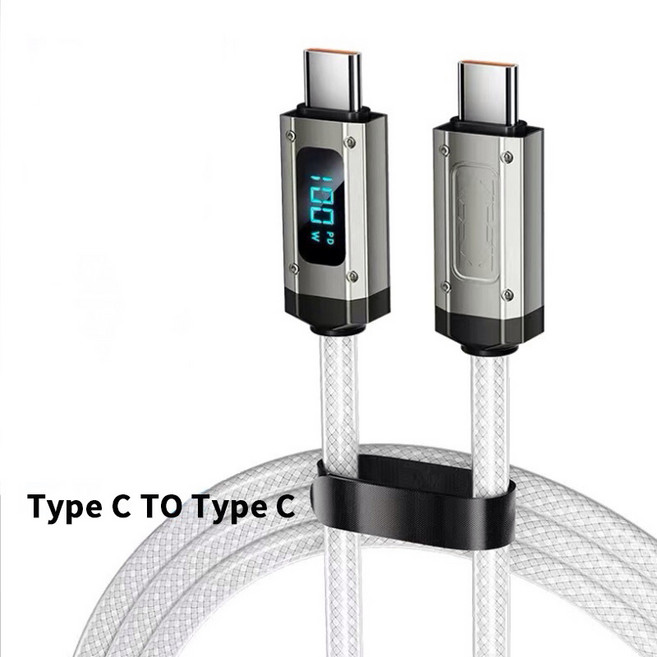 智能數顯快充線 雙TypeC 100W 適用蘋果 安卓系列, 1個, TypeC to TypeC, 1m, 白