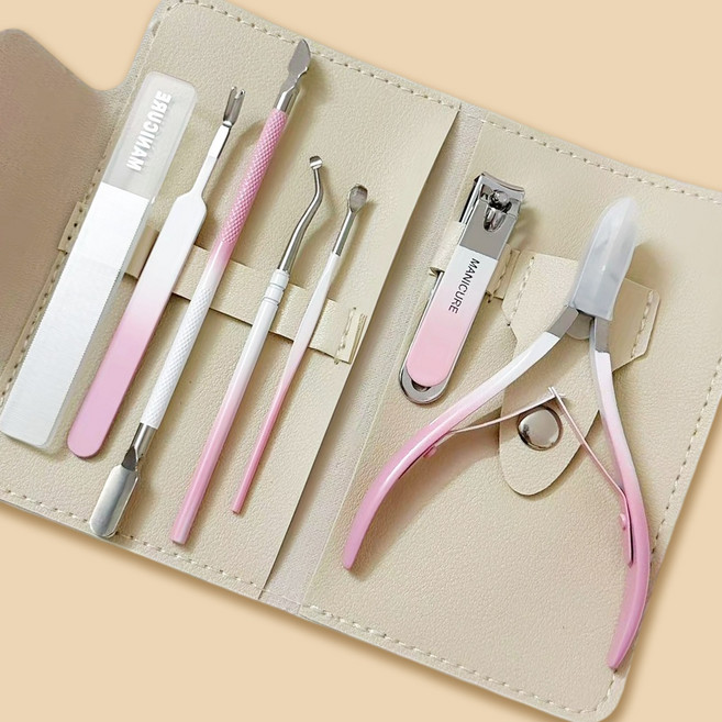 CIVILEE 셀프 네일 니퍼 세트 네일케어 세트 두꺼운 발톱깎이 7종 세트, 1개, 그라디언트 핑크
